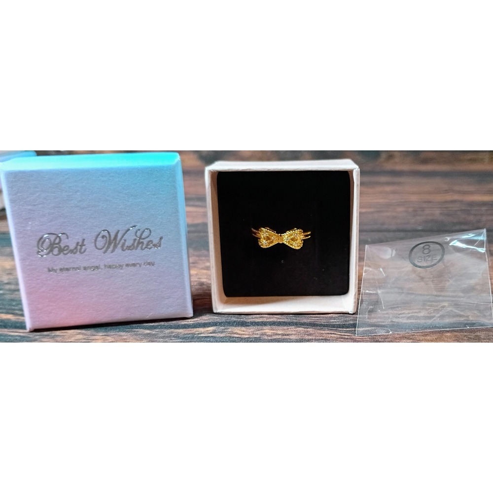 Gold Tone Bow Ring Clear Crystal Accents Size 8 Dainty Jewelry with Gift Box